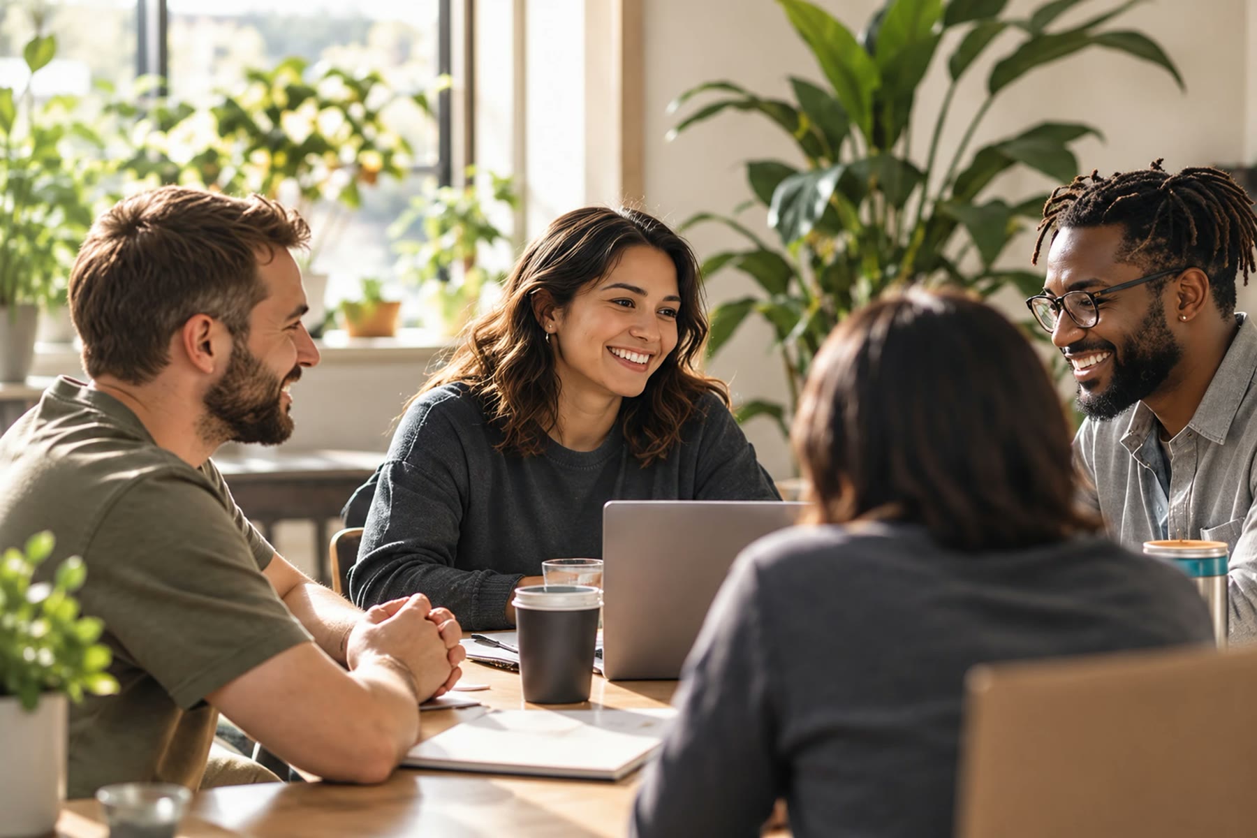 A small team laughing together around a table with coffee and a laptop